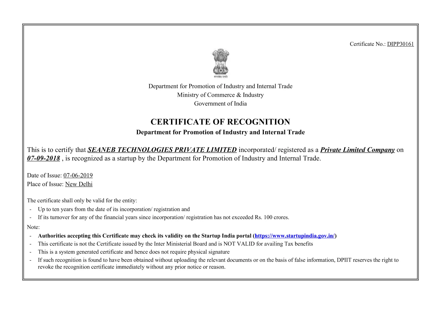 Certificate of Recognition
